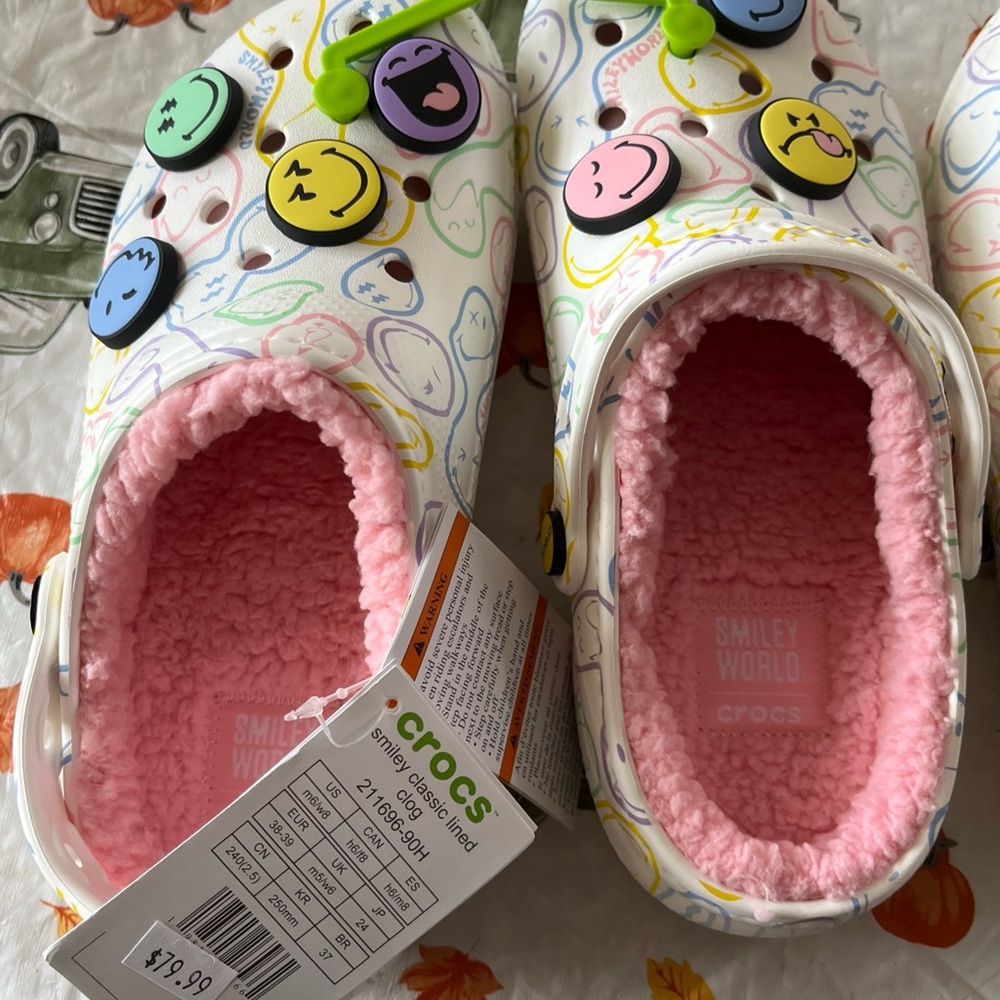 Women’s CROCS White Clogs with Colorful Smiley Faces and Pink Lining
